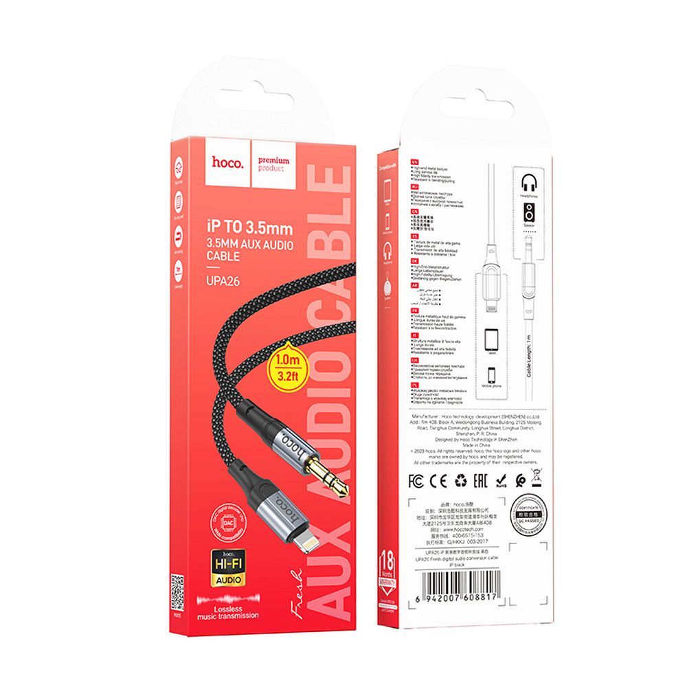 Audio kabel Lightning - 3,5 mm HOCO UPA26, 1 m, črn