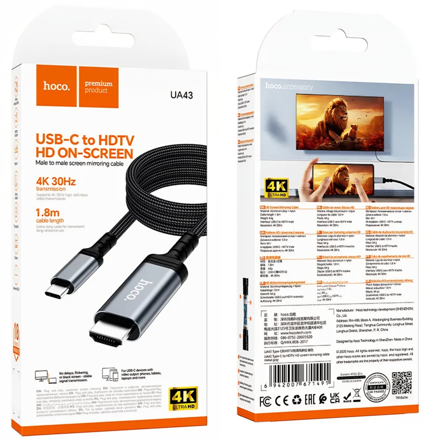 Avdio in video kabel USB-C - HDMI HOCO UA43, 1.8m, siv