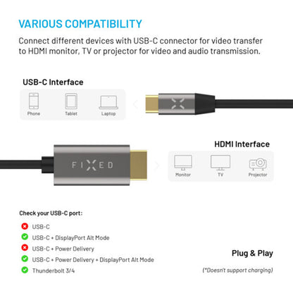 Avdio in video kabel USB-C - HDMI Fixed, 2m, siv