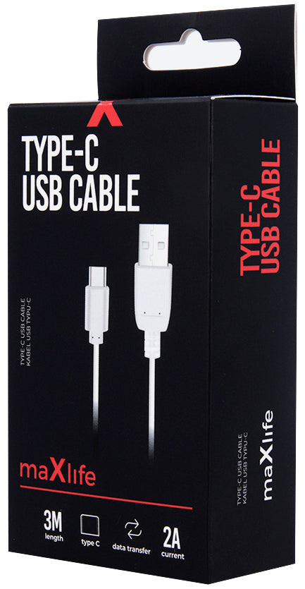 USB-A - USB-C podatkovni in polnilni kabel MaXlife, 20W, 3m, bel