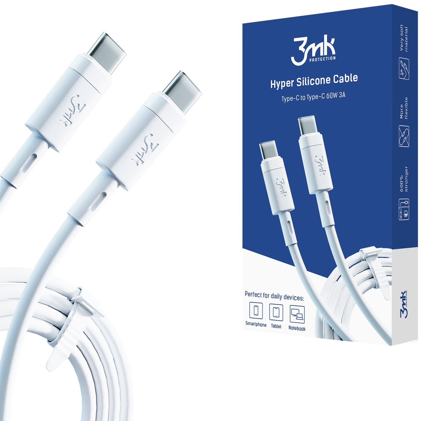 USB-C podatkovni in polnilni kabel - USB-C 3MK Hyper Silicone, 60W, 1m, bel