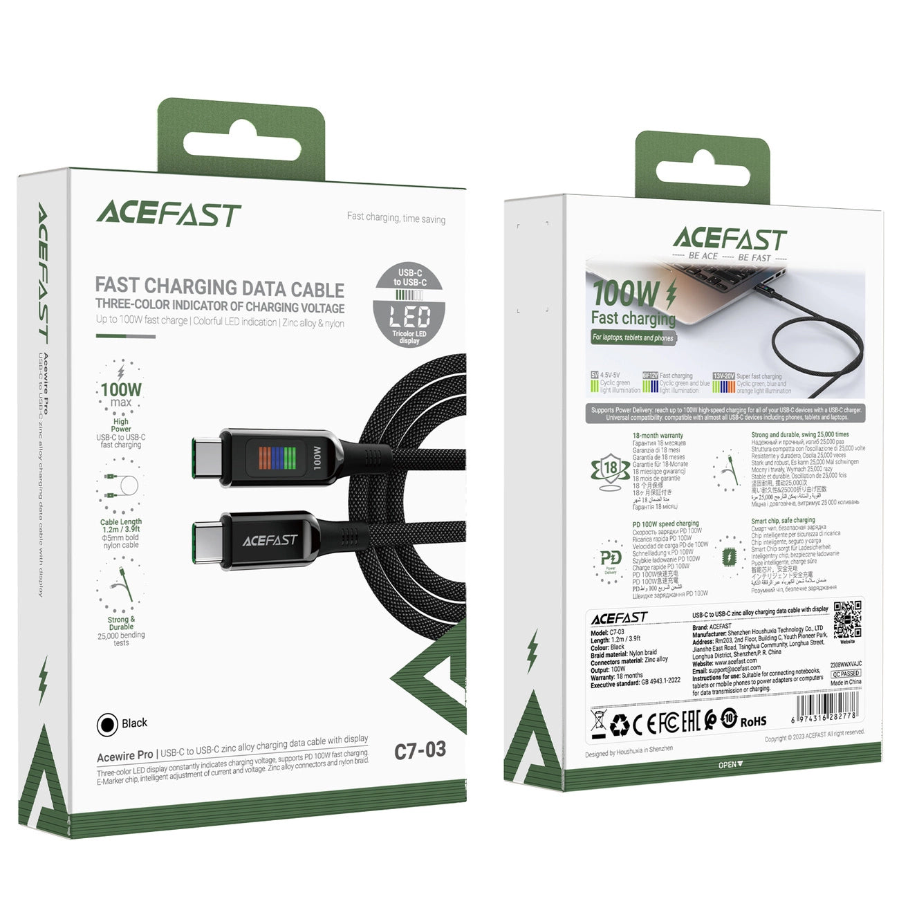 Podatkovni in polnilni kabel USB-C - USB-C Acefast C7-03, 100W, 1.2m, črn
