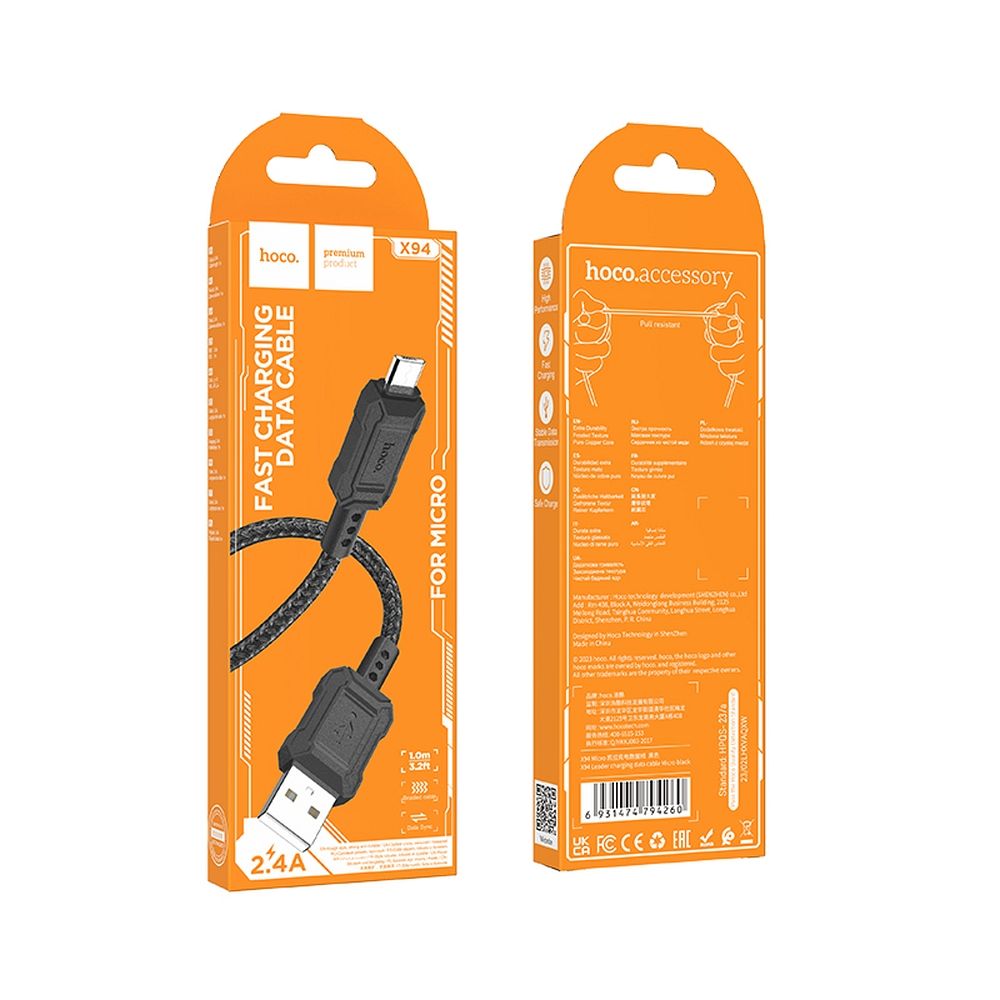 Kabel za podatke in polnjenje USB-A - microUSB HOCO Leader X94, 18W, 1m, črn