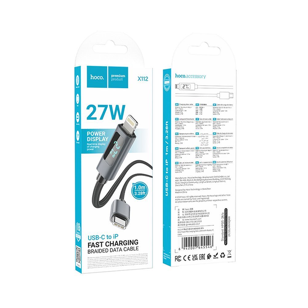 Kabel za podatke in polnjenje USB-C - Lightning HOCO Display X112, 27W, 1m, črn