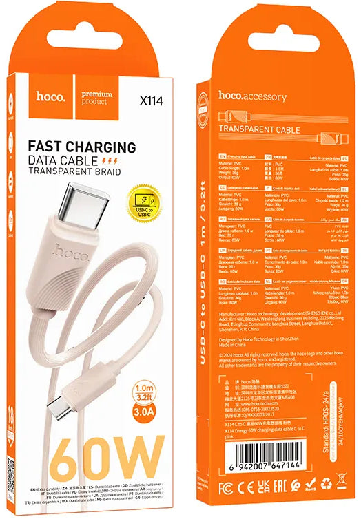 Kabel za podatke in polnjenje USB-C - USB-C HOCO X114, 60W, 1m, Roza