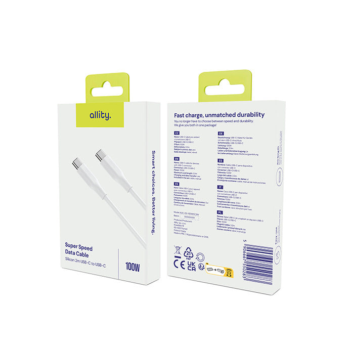Kabel za podatke in polnjenje USB-C - USB-C Allity. AUC-02, 100W, 1m, Bel