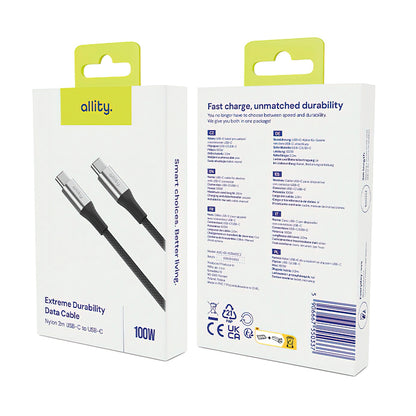 Kabel za podatke in polnjenje USB-C - USB-C Allity. AUC-01, 100W, 2m, črn