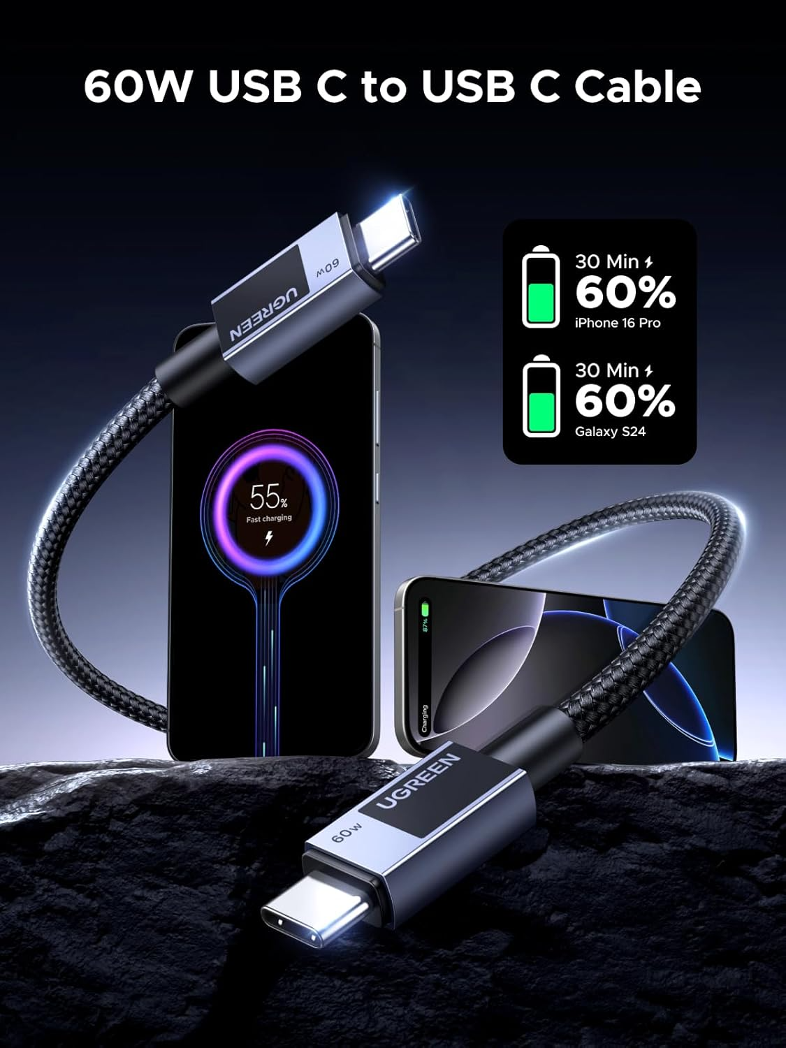 Kabel za podatke in polnjenje USB-C - USB-C UGREEN L524, 60W, 2m, Siv