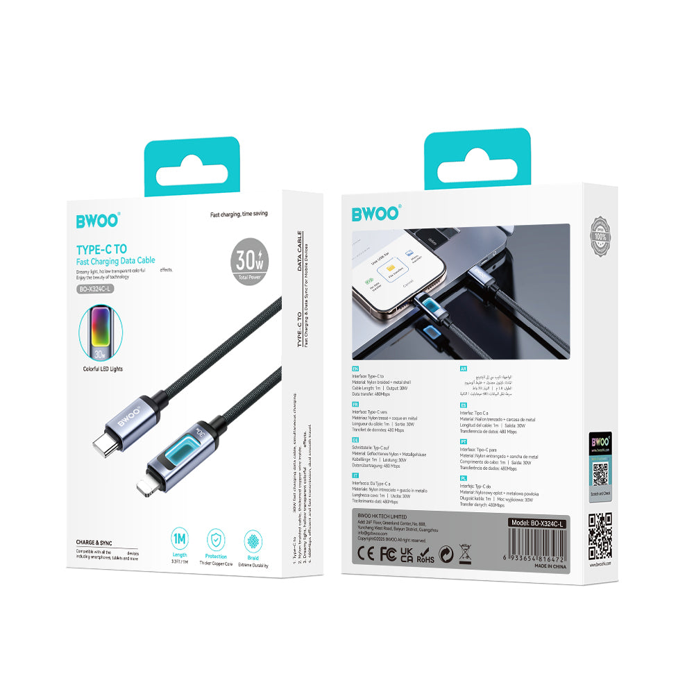 Podatkovni in polnilni kabel USB-C - Lightning BWOO X324CL Display, 30W, 1m, Črn