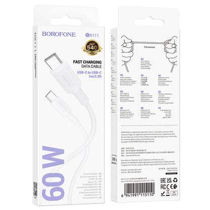 Podatkovni in polnilni kabel USB-C - USB-C Borofone BX111 Feliz, 60 W, 1 m, bel 
