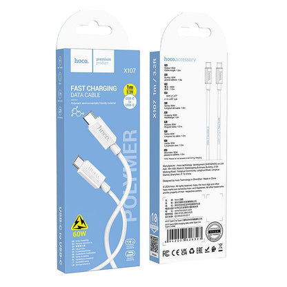 Kabel za podatke in polnjenje USB-C - USB-C HOCO X107, 60W, 1m, Bel