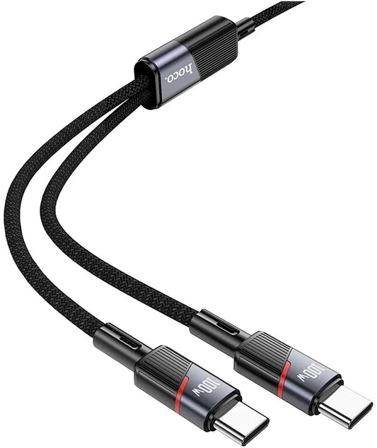 Kabel za podatke in polnjenje USB-C - 2 x USB-C HOCO U139 2v1, 100W, 1.2m, črn