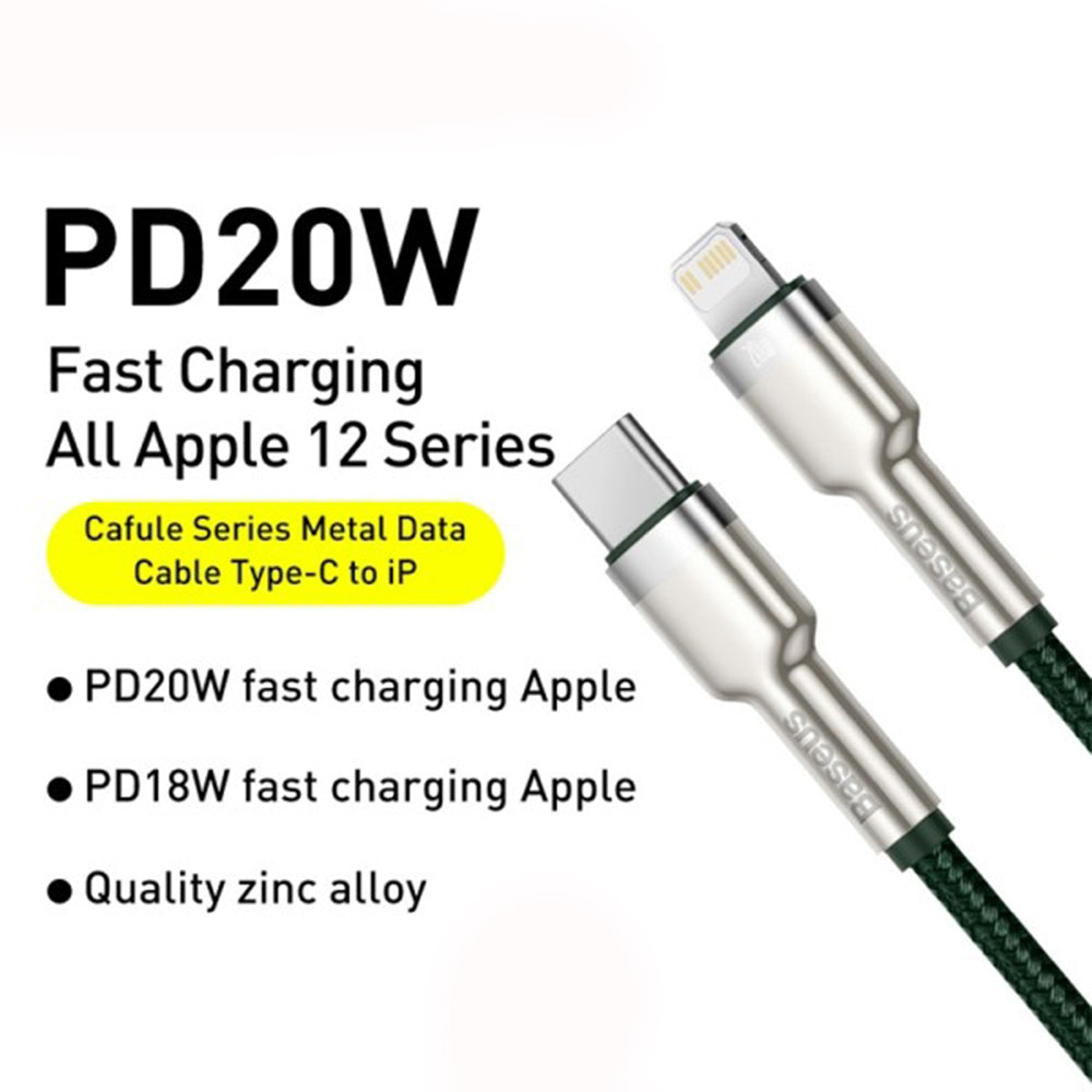 Kabel za podatke in polnjenje USB-C - Lightning Baseus Cafule Metal Series, 20W, 2m, Zelen CATLJK-B06