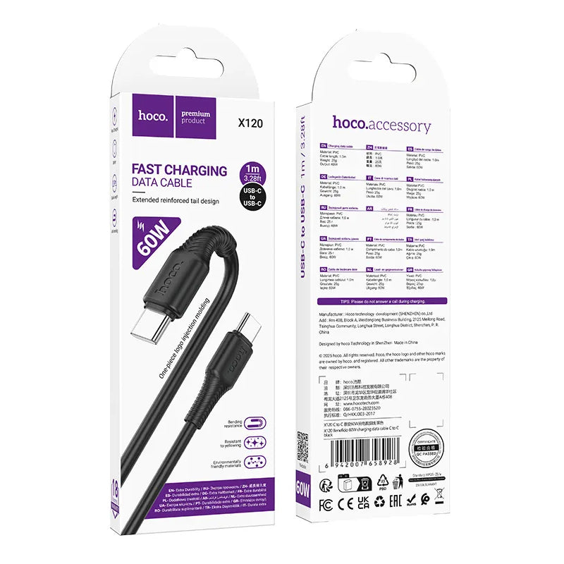 Kabel za podatke in polnjenje USB-C - USB-C HOCO X120, 60W, 1m, črn