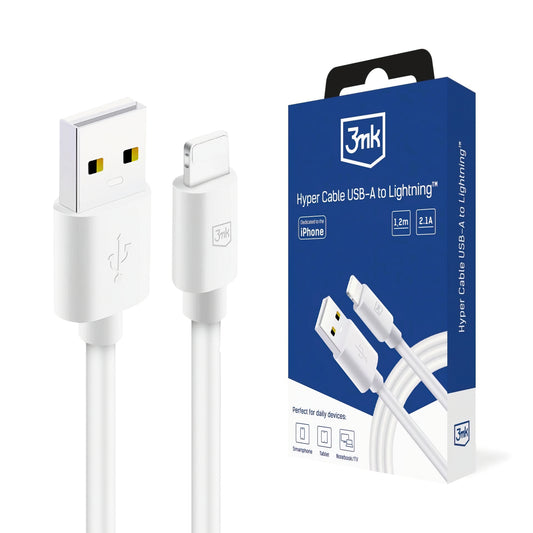Kabel za podatke in polnjenje USB-A - Lightning 3MK Hyper, 12W, 1.2m, Bel