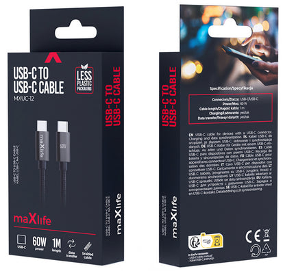 Kabel za podatke in polnjenje USB-C - USB-C MaXlife MXUC-12, 60W, 1m, črn