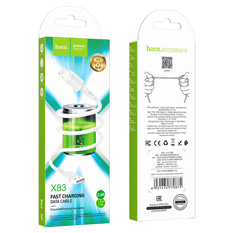 Podatkovni in polnilni kabel USB-A - Lightning HOCO X83 Victory, 18W, 1m, Bel