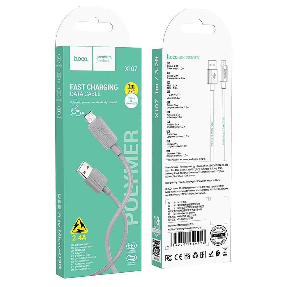 Kabel za prenos podatkov in polnjenje USB-A - microUSB HOCO X107, 18W, 1m, Siv