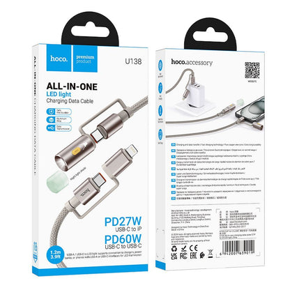 Podatkovni in polnilni kabel USB-C / Lightning - USB-C / Led HOCO U138, 60W, 1.2m, Siv