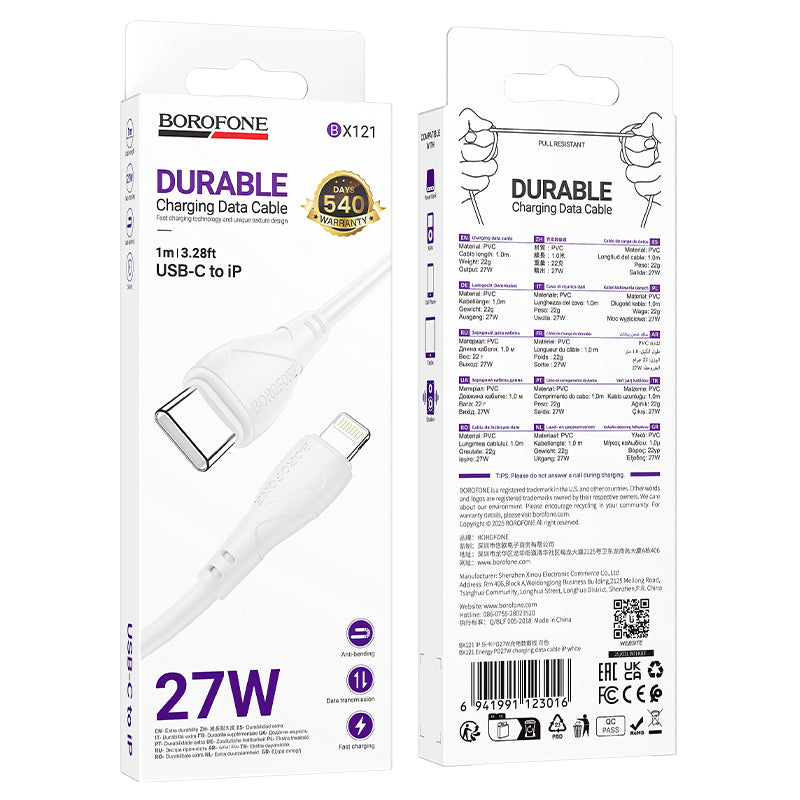 Podatkovni in polnilni kabel USB-C - Lightning Borofone BX121 Energy, 27W, 1m, Bel