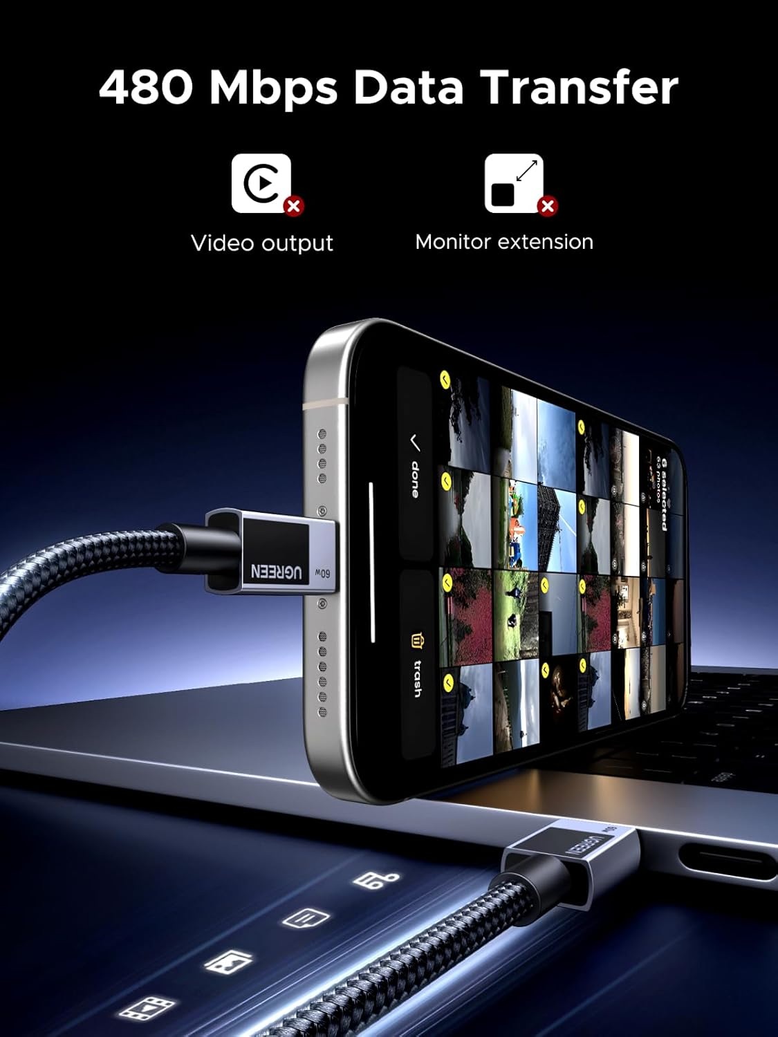 Kabel za podatke in polnjenje USB-C - USB-C UGREEN L524, 60W, 2m, Siv