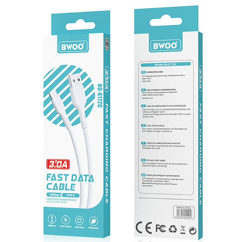 Podatkovni in polnilni kabel USB-A - USB-C BWOO X172C, 60W, 1m, Bel