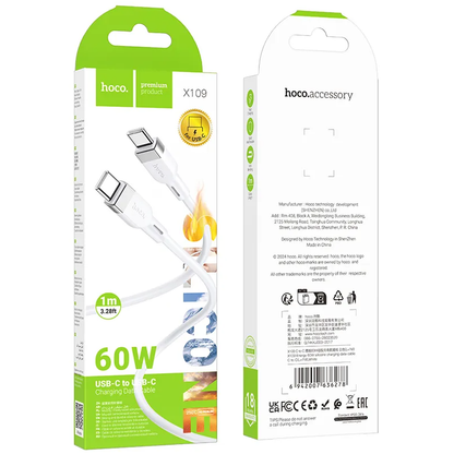 Kabel za podatke in polnjenje USB-C - USB-C HOCO X109, 60W, 1m, Bel