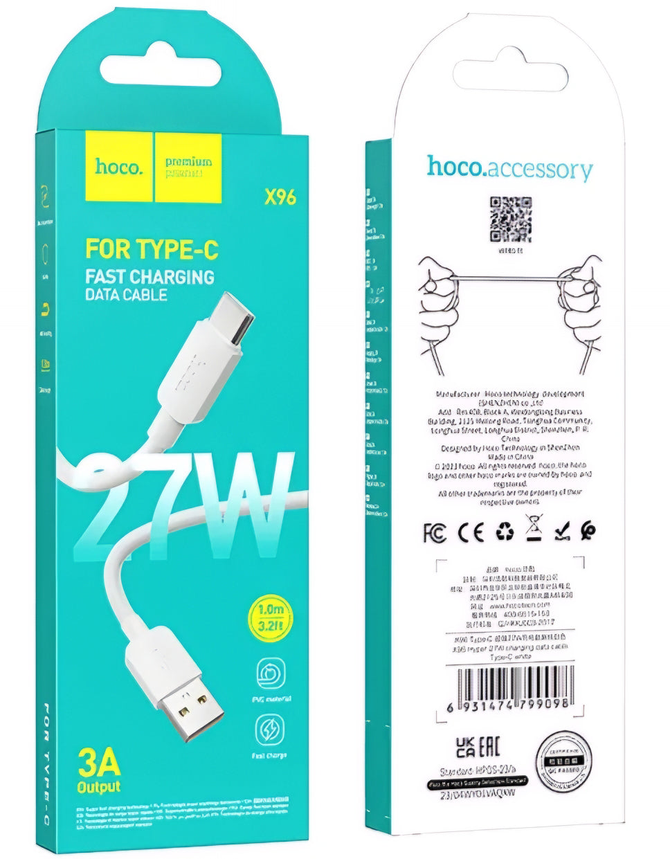 Kabel za prenos podatkov in polnjenje USB-A - USB-C HOCO X96, 27W, 1m, Bel