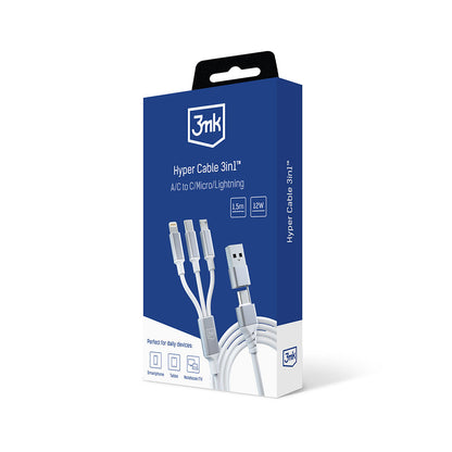 Kabel za polnjenje USB-A / USB-C - Lightning / microUSB / USB-C 3MK Hyper 3in1, 12W, 1.5m, Bel