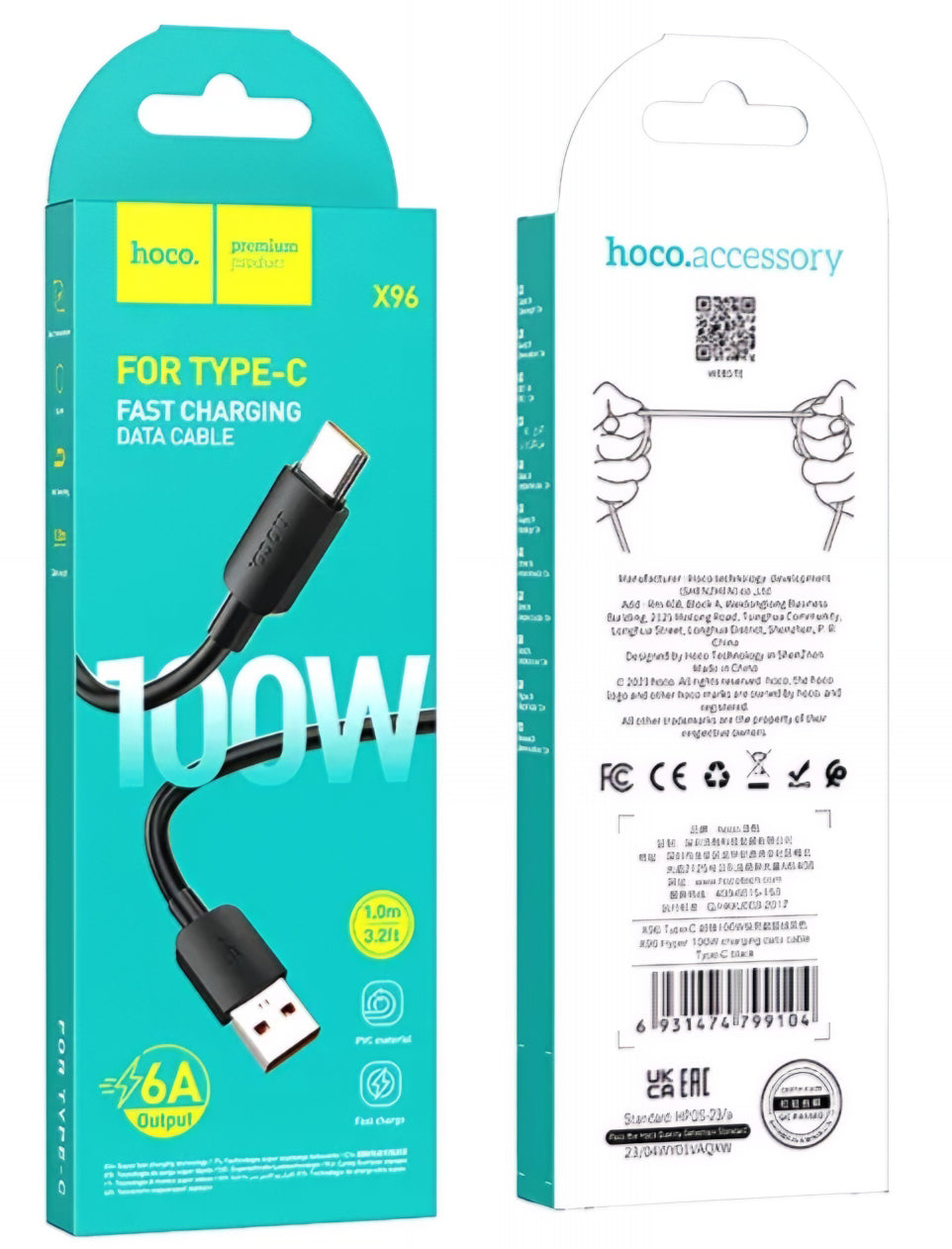 Podatkovni in polnilni kabel USB-A - USB-C HOCO X96, 100 W, 1 m, črn 