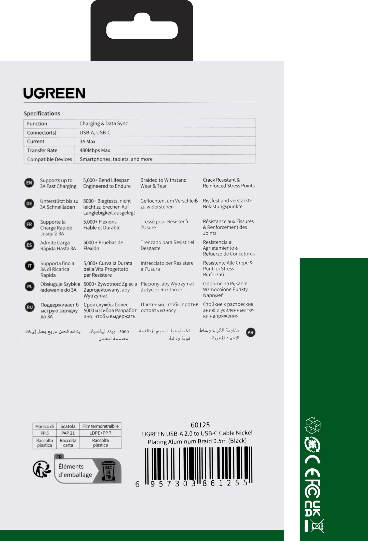 Podatkovni in polnilni kabel USB-A z USB-C UGREEN US288, 18 W, 0,5 m, črn 