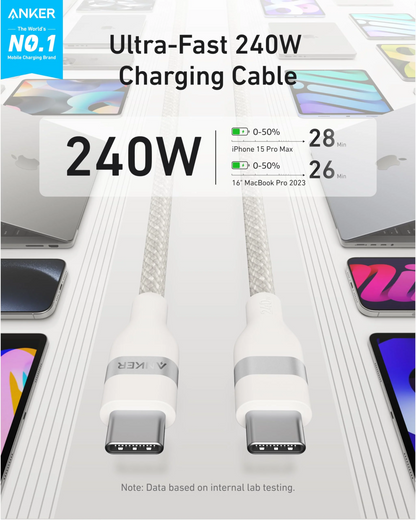 Kabel za prenos podatkov in polnjenje USB-C - USB-C Anker, 240W, 1.8m, Bel A82E2H22