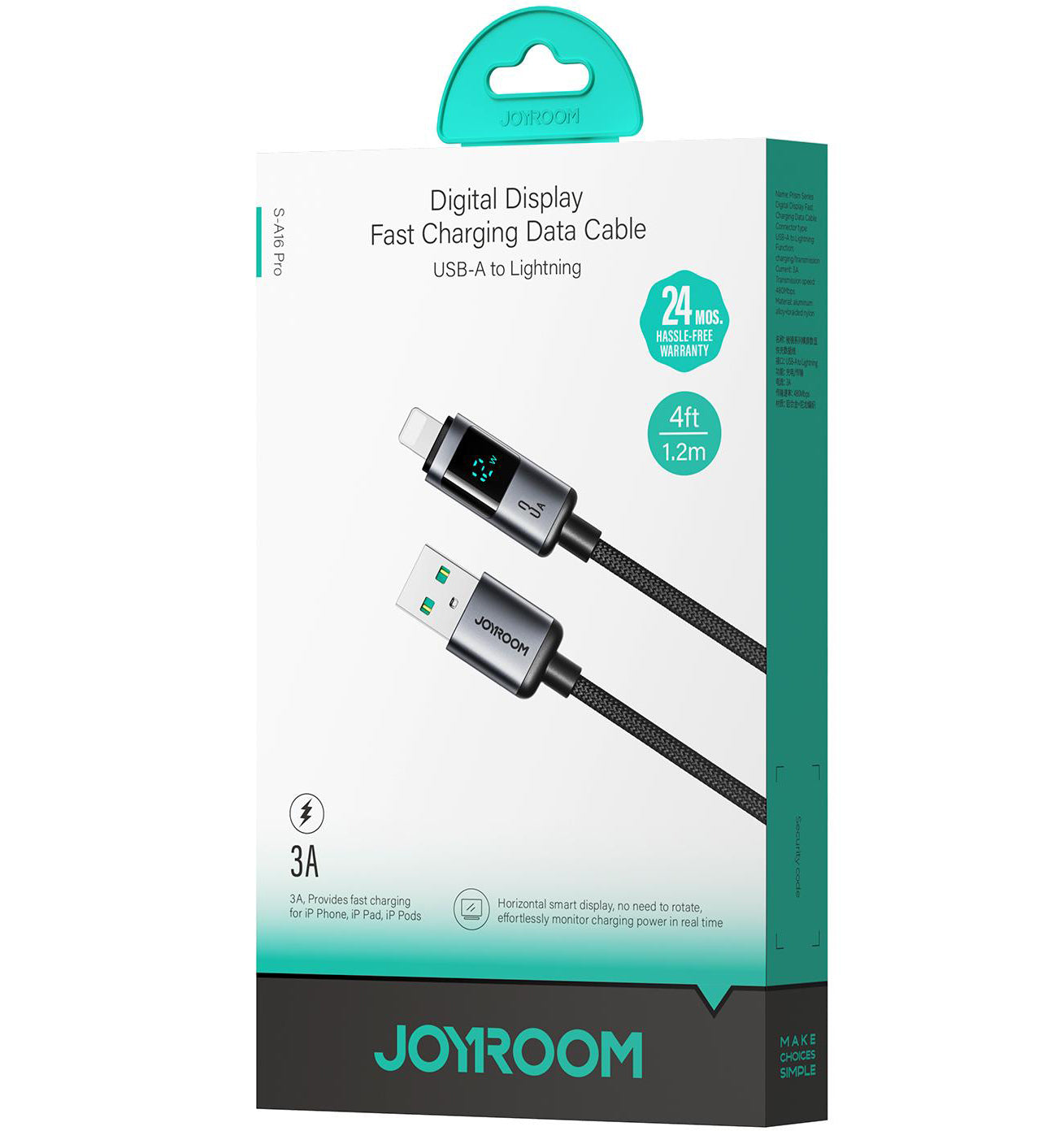 USB-A to Lightning Data and Charging Cable Joyroom S-A16 Pro Prism Display, 12W, 1.2m, Black