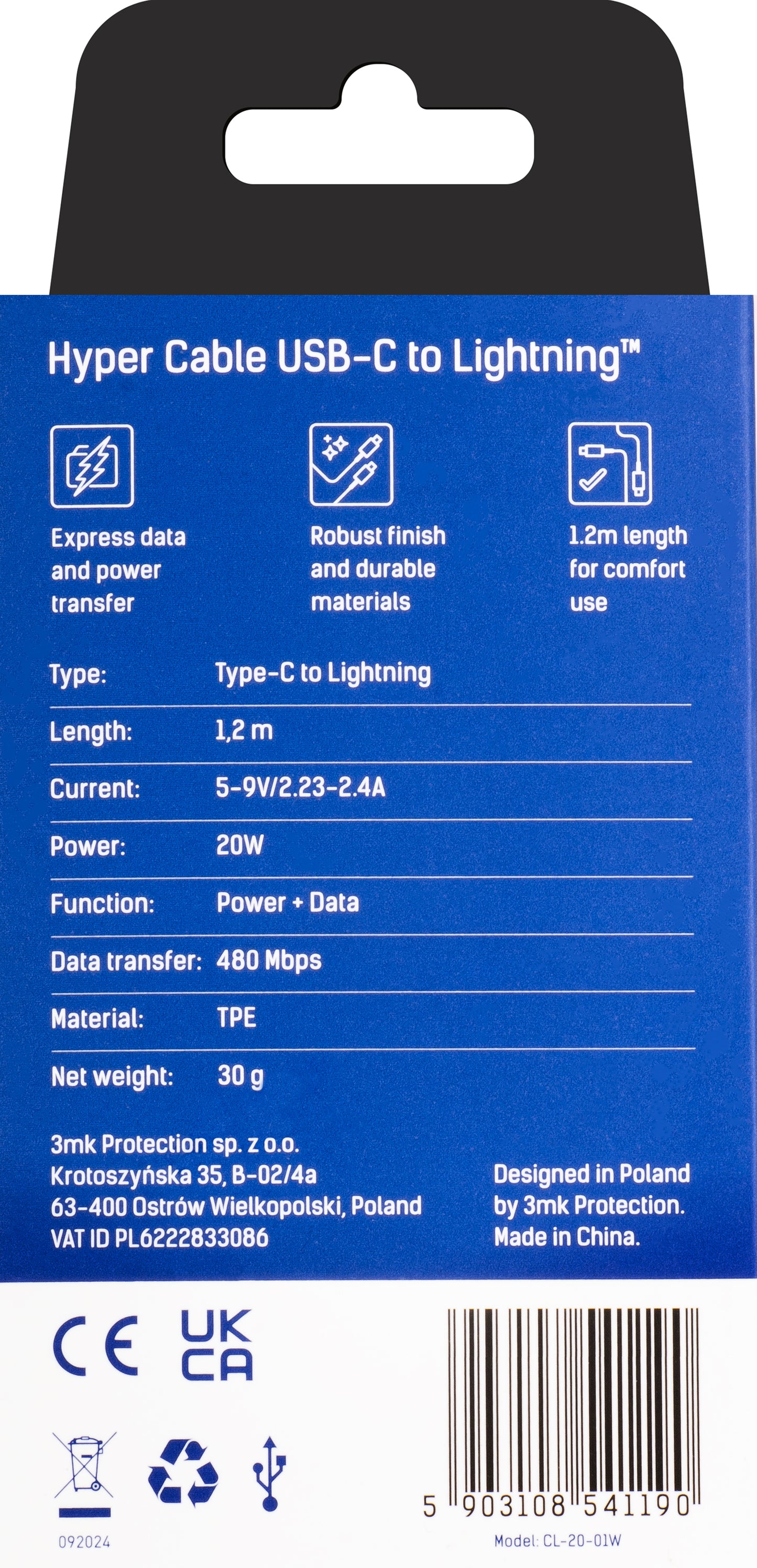 USB-C - Lightning podatkovni in polnilni kabel 3MK Hyper, 20W, 1,2 m, bel