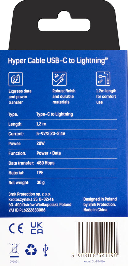 USB-C - Lightning podatkovni in polnilni kabel 3MK Hyper, 20W, 1,2 m, bel