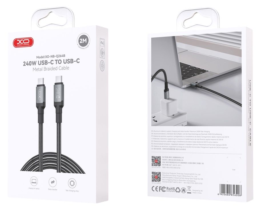 Kabel za podatke in polnjenje USB-C - USB-C XO Design NB-Q264B, 240W, 2m, črn
