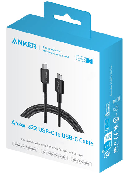 Kabel za prenos podatkov in polnjenje USB-C - USB-C Anker 322, 60W, 0.9m, črn A81F5G11
