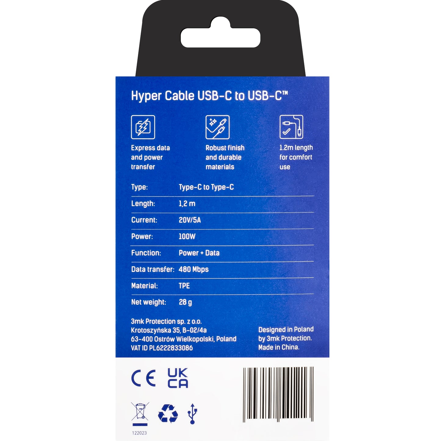 Podatkovni in polnilni kabel USB-C - USB-C 3MK Hyper, 100W, 1.2m, črn