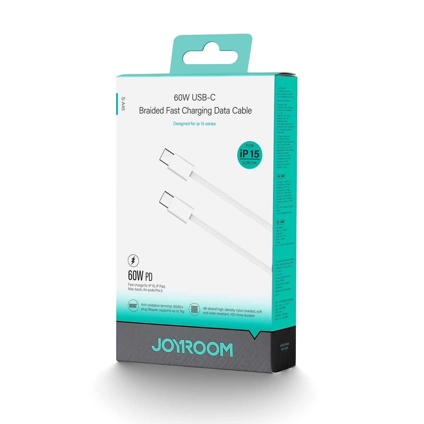 Podatkovni in polnilni kabel USB-C - USB-C Joyroom S-A45, 60 W, 1 m, bel 