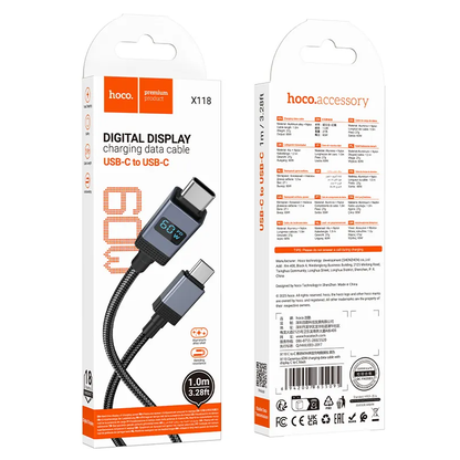 Kabel za podatke in polnjenje USB-C - USB-C HOCO X118 Display, 60W, 1m, črn