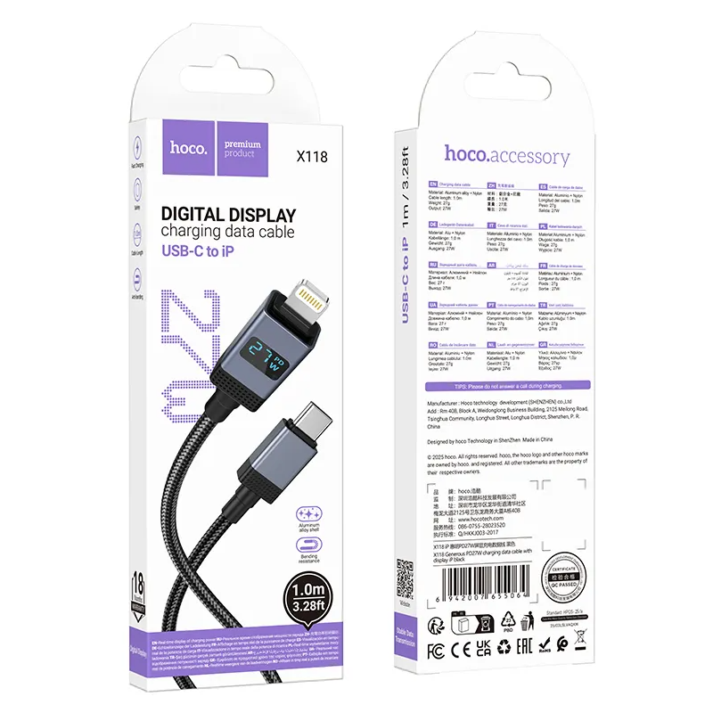 Kabel za podatke in polnjenje USB-C - Lightning HOCO X118 Display, 27W, 1m, črn