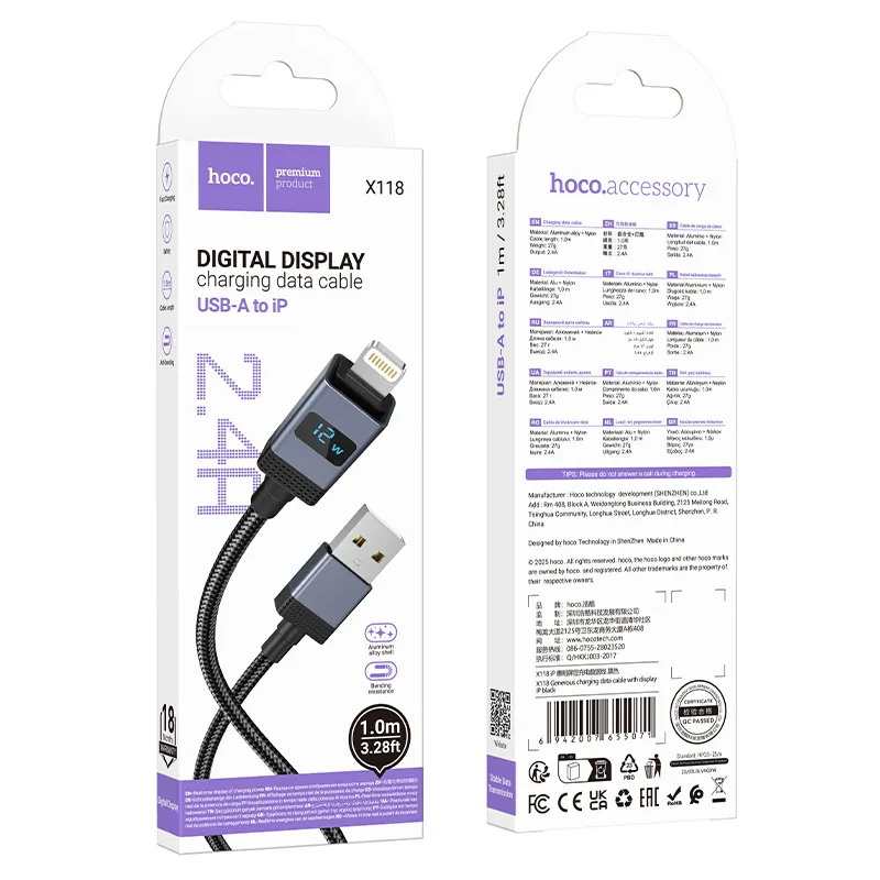 Kabel za podatke in polnjenje USB-A - Lightning HOCO X118 Display, 12W, 1m, črn