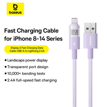 USB-A to Lightning Data and Charging Cable Baseus Display 2, 12W, 1m, Purple P10382700511-00
