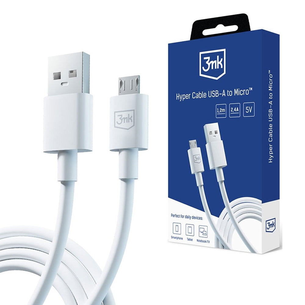 Podatkovni in polnilni kabel USB-A - microUSB 3MK Hyper, 18W, 1.2m, Bel
