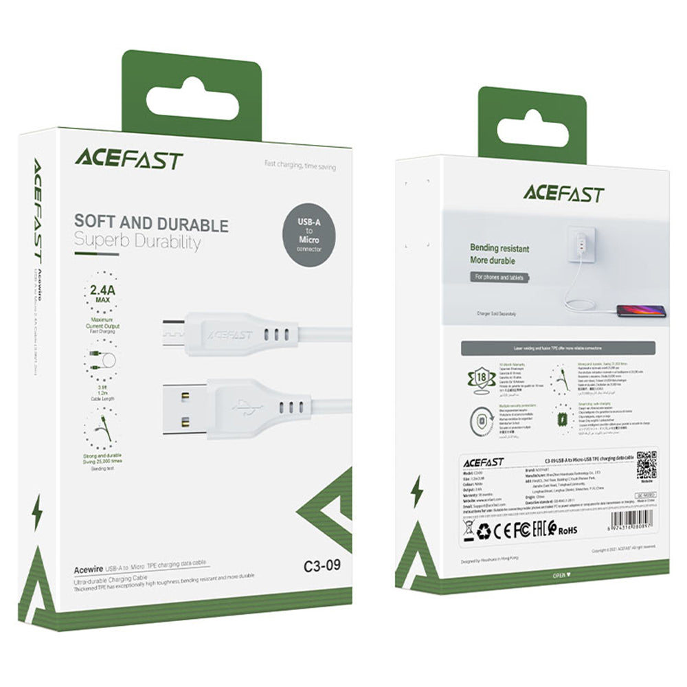 Kabel za podatke in polnjenje USB-A - microUSB Acefast C3-09, 18W, 1.2m, Bel
