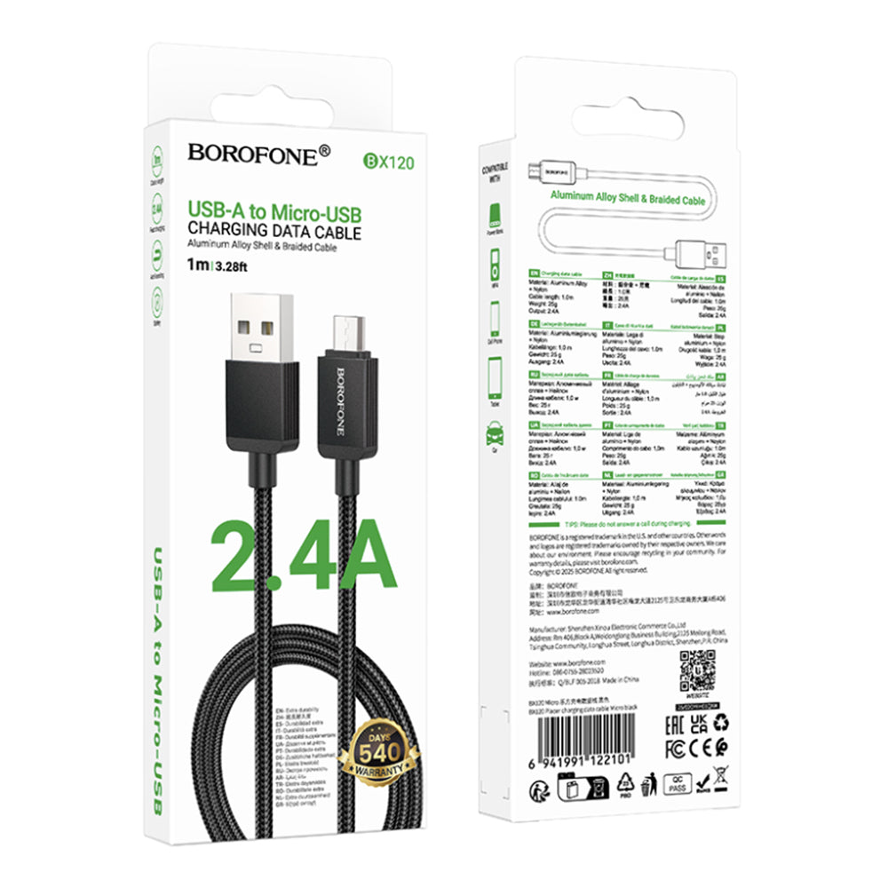 Podatkovni in polnilni kabel USB-A - microUSB Borofone BX120 Placer, 18W, 1m, črn