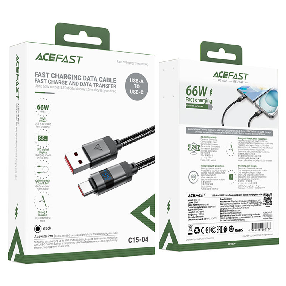 Podatkovni in polnilni kabel USB-A - USB-C Acefast C15-04 Display, 66W, 1.2m, črn