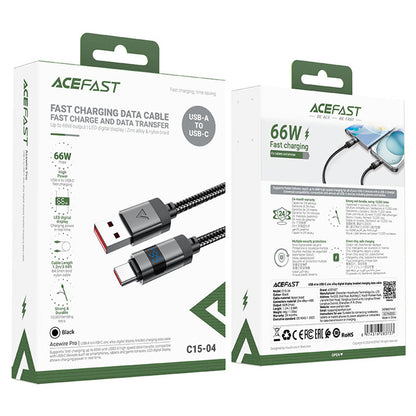 Podatkovni in polnilni kabel USB-A - USB-C Acefast C15-04 Display, 66W, 1.2m, črn