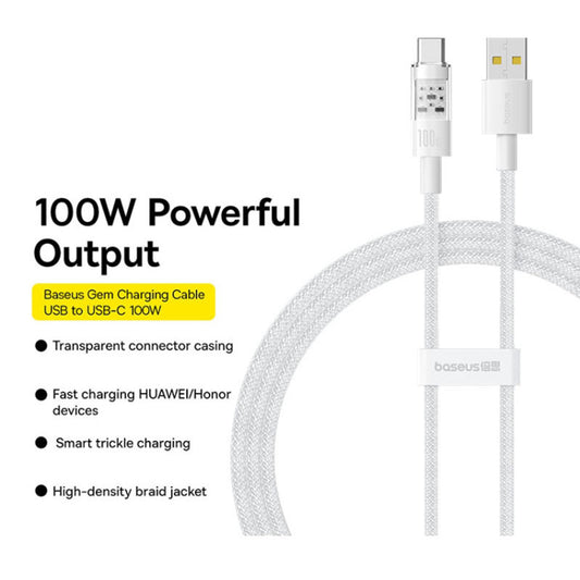 Baseus Gem USB-A to USB-C Data and Charging Cable, 100W, 2m, White P10373002211-01