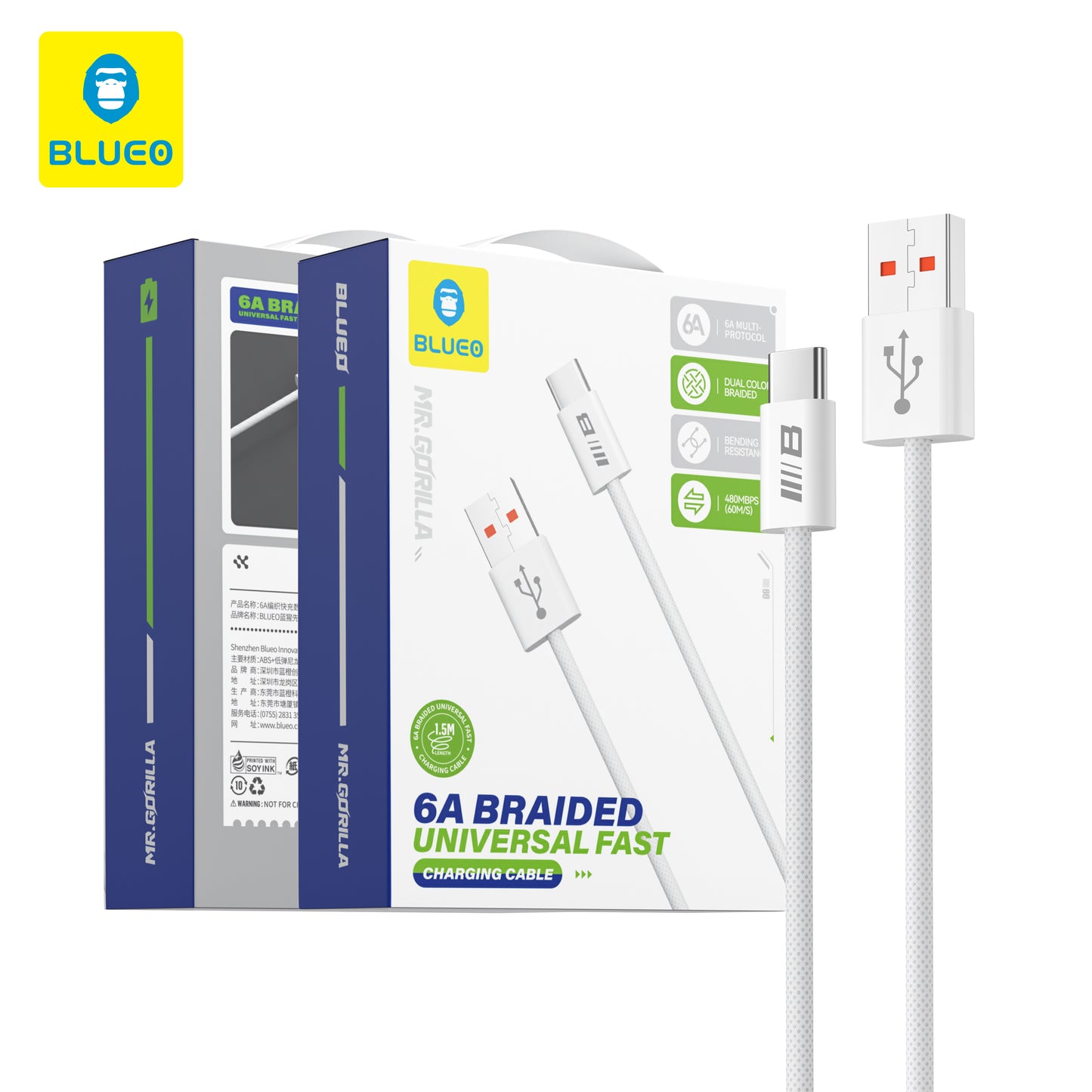 Kabel za podatke in polnjenje USB-A - USB-C Blueo, 18W, 1.5m, Bel